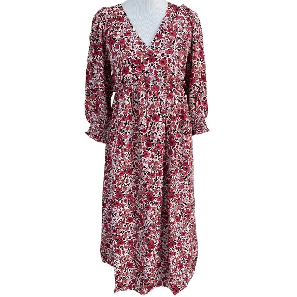 The Nines by Hatch Pink Floral V-Neck Smocked Back Midi Dress Maternity